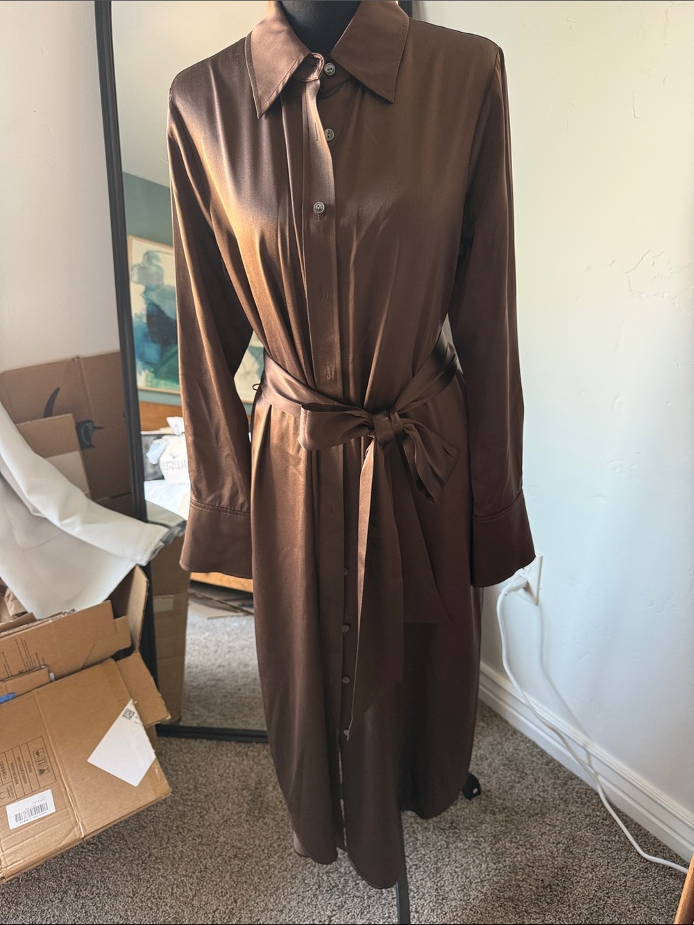 Ramy Brook Chocolate Brown Silk Long-Sleeve Shirt Dress with Tie Waist Worn Once